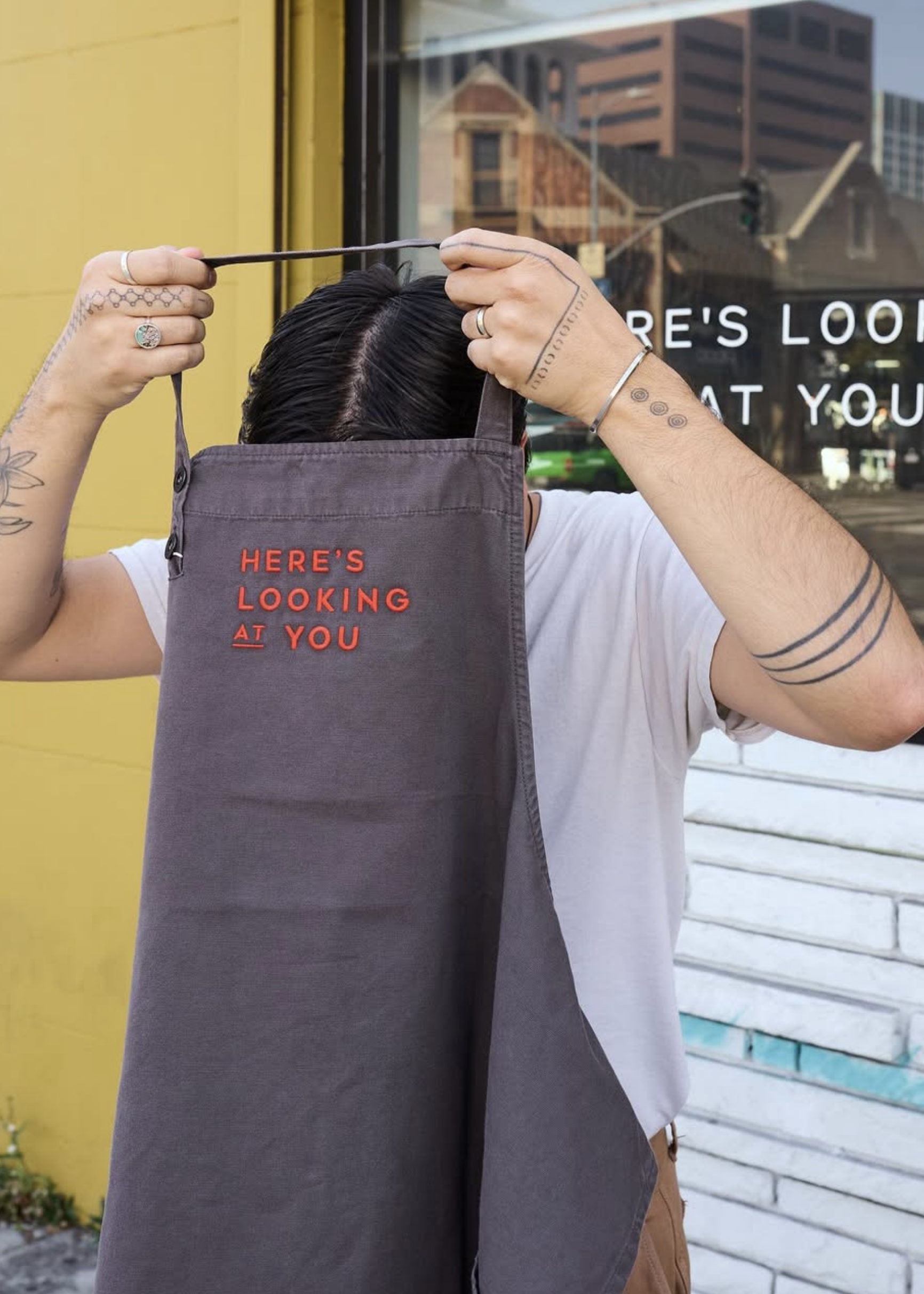 Here's Looking at You Bib Apron — Tundora Grey